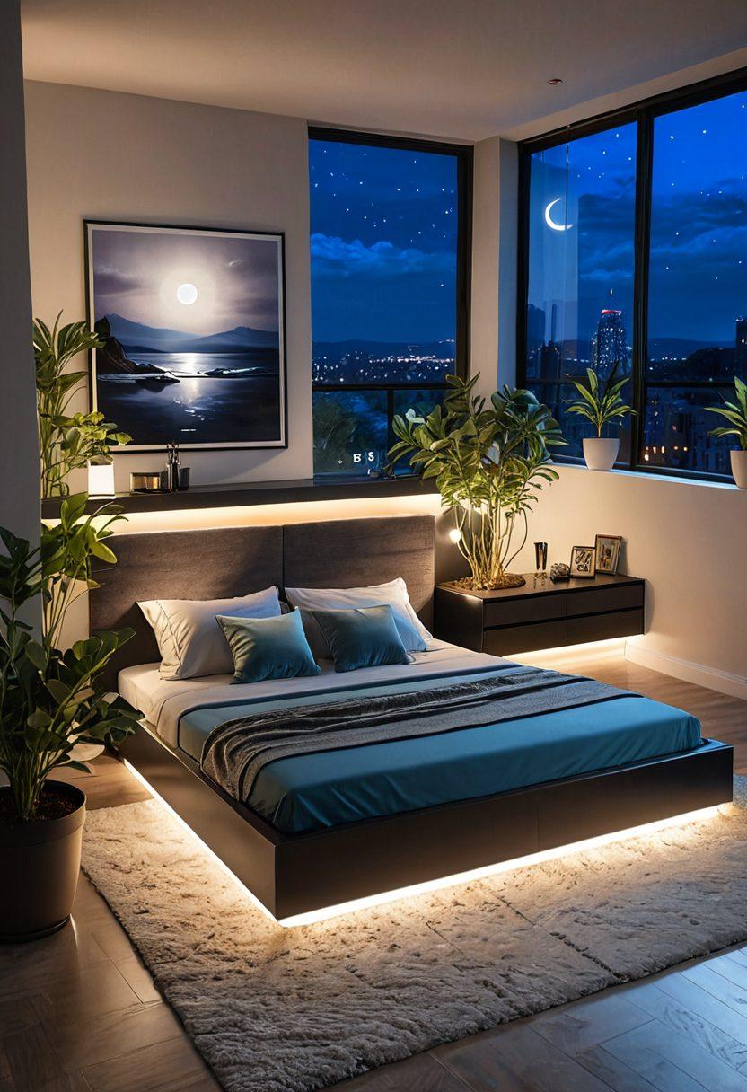 A luxurious bedroom featuring a sleek, modern waterbed with plush bedding and soft pillows. Surround the bed with ambient lighting, potted plants, and cozy decor elements like a rug and wall art. Include moonlight streaming through a large window, creating a serene ambiance. super-realistic. vibrant colors. cozy atmosphere with a hint of elegance.
