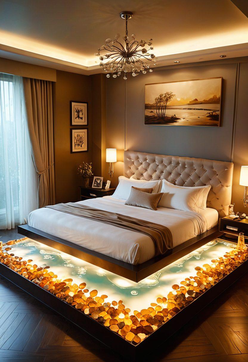 A serene bedroom with a gracefully designed waterbed at the center, surrounded by soft ambient lighting. A couple is cozily nestled together under a gentle, romantic glow, with subtle scientific elements like molecular structures of water subtly fused into the decor. Soft, flowing sheets ripple like water, enhancing the serene and intimate atmosphere. super-realistic. warm colors. intimate lighting.