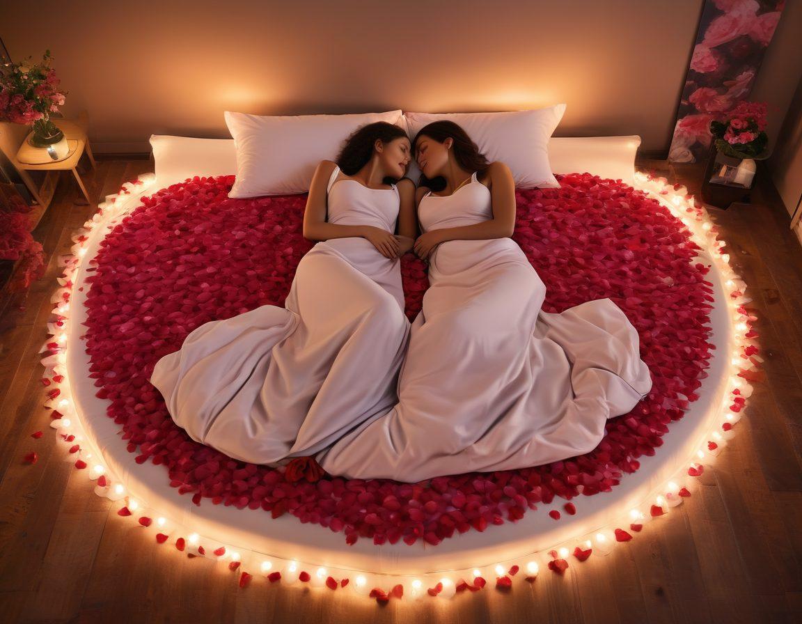 A romantic bedroom setting featuring a luxurious waterbed with soft, flowing sheets and heart-shaped pillows. Dim ambient lighting casting a warm glow, with rose petals gently scattered on the bed. A loving couple smiling and cuddling on the waterbed. Super-realistic. Vibrant colors. Cozy ambiance.